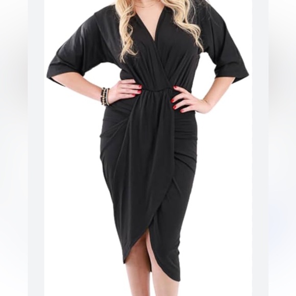 Pretty Garden Flattering Rouched Elegant Black Dress Large Draped - Picture 2 of 9